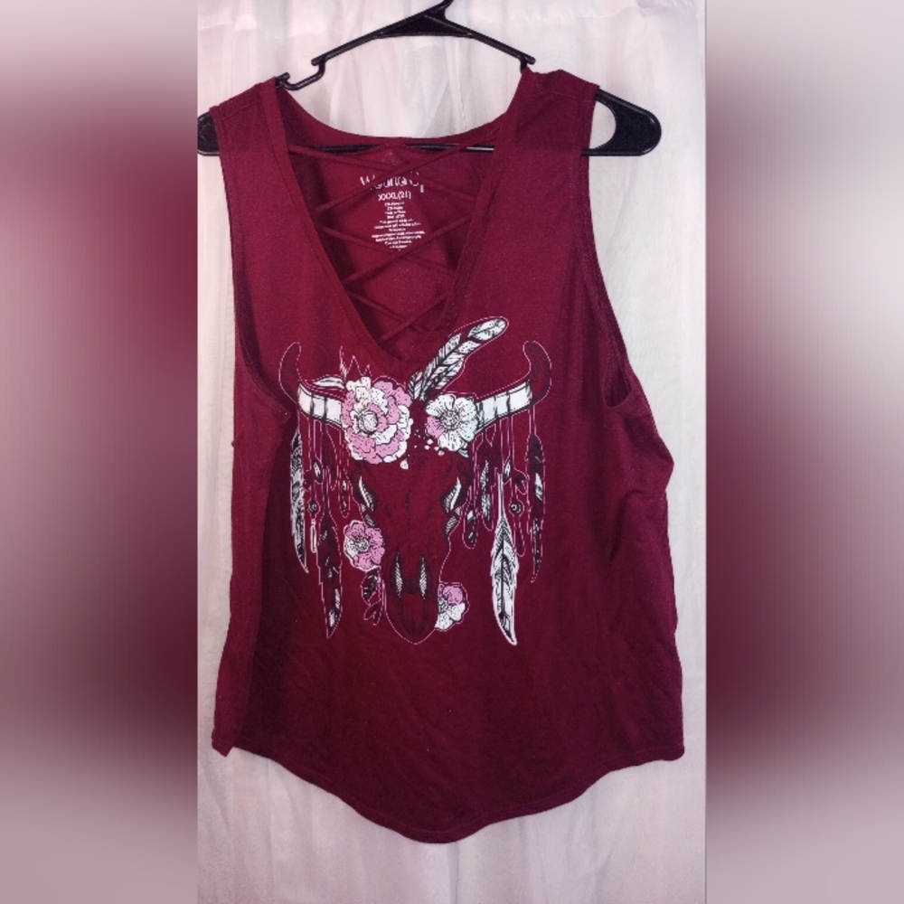 Junior plus maroon boho graphic tank top